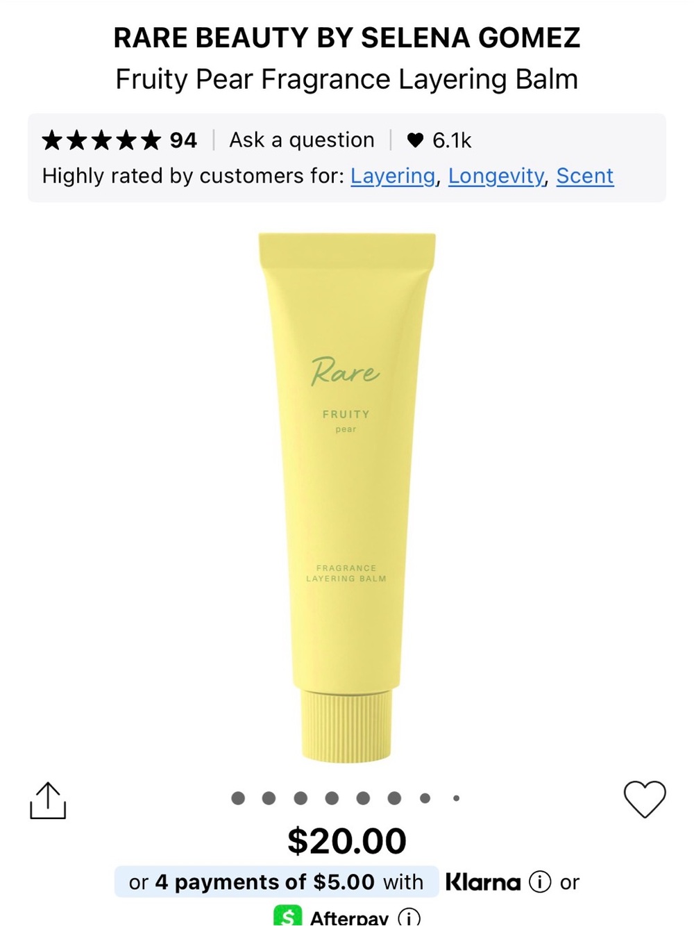 Rare Beauty Fruity Pear Layering Balm — Yellow Tube